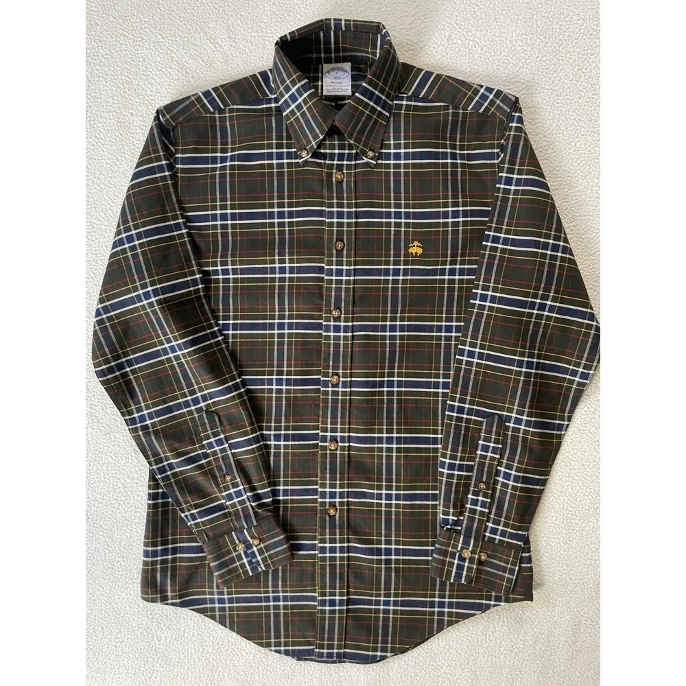 Brooks Brothers Mens Small Button Down Shirt Green Plaid Regent Supima Cotton
